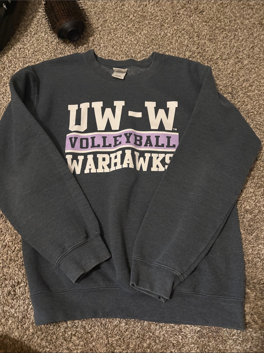 Gildan Dark Gray UW-W Volleyball Warhawks Crewneck Sweatshirt with Purple Accent